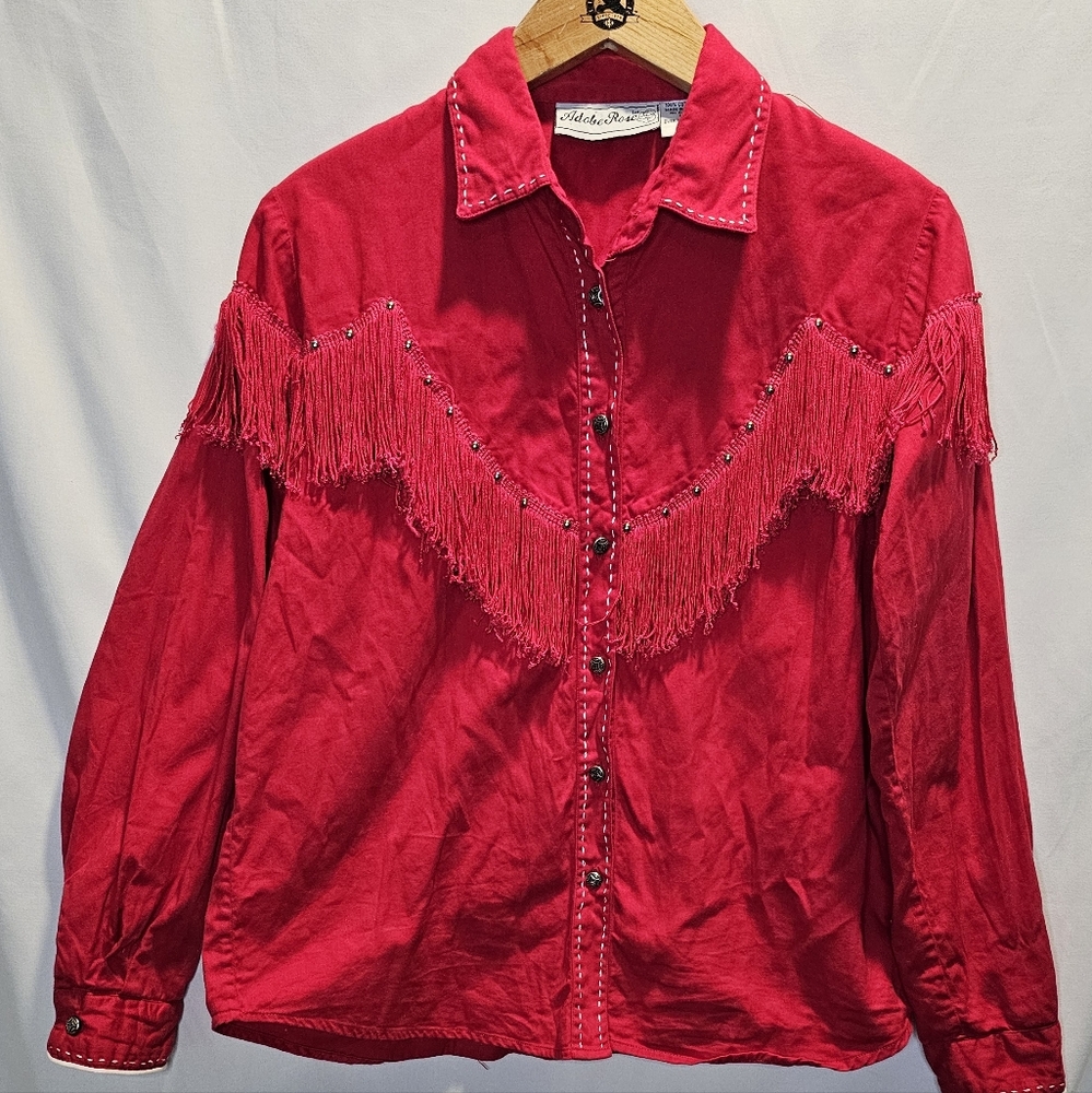 Adobe Rose Vintage 100% Cotton Red Tassled Button Front Top